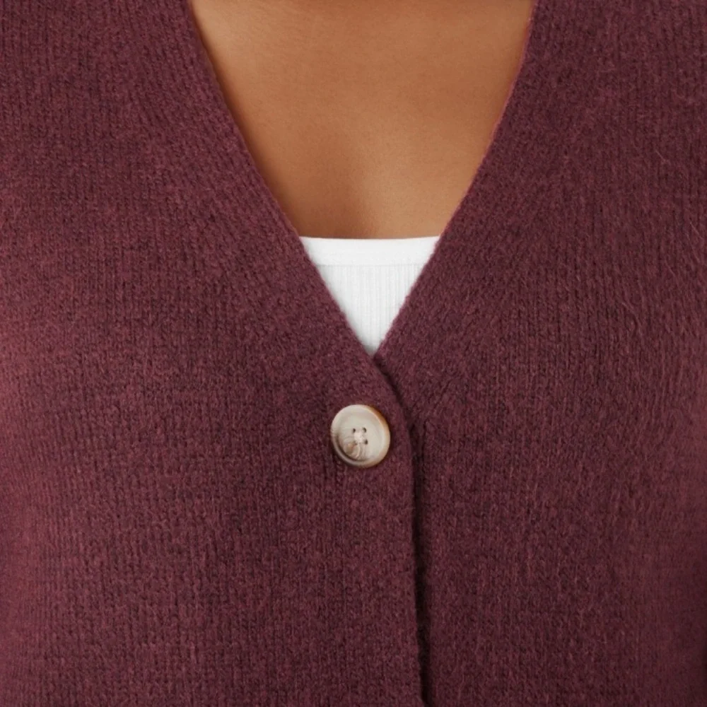 Burgundy V-Neck Ribbed Knit Cardigan